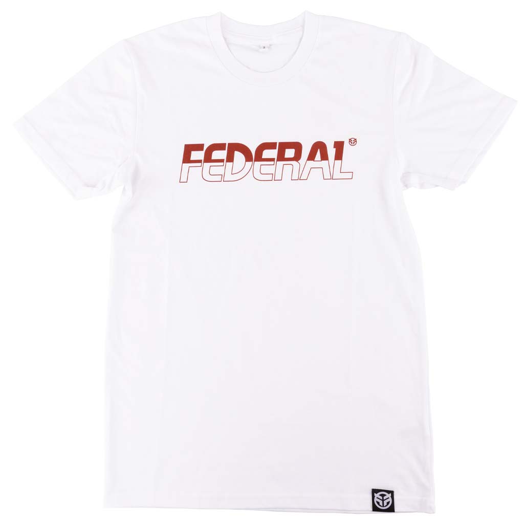 White t-shirt with dark red 'Federal' logo on a white t shirt Federal Half Full T-Shirt - White