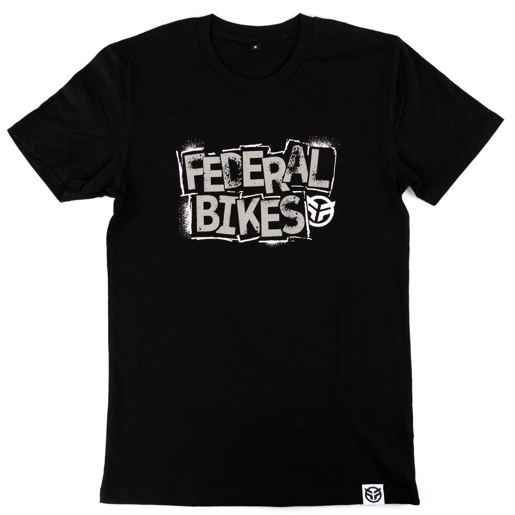 Black t-shirt with 'Federal Bikes' text on a white background