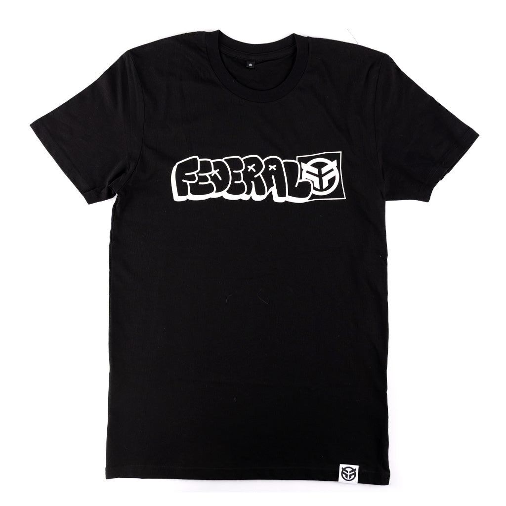 Black t-shirt with white logo on a white background