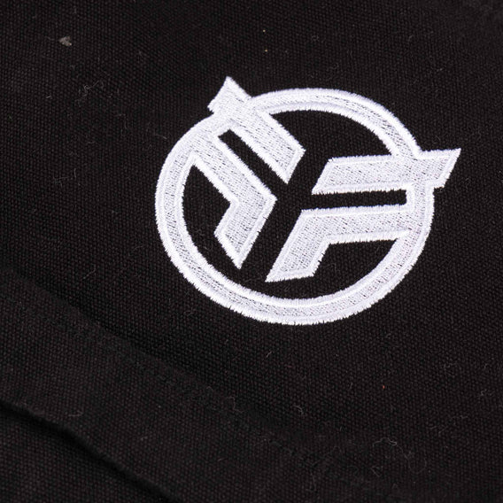 White logo on a black background