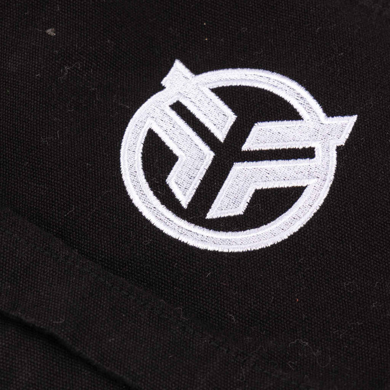 White logo on a black background