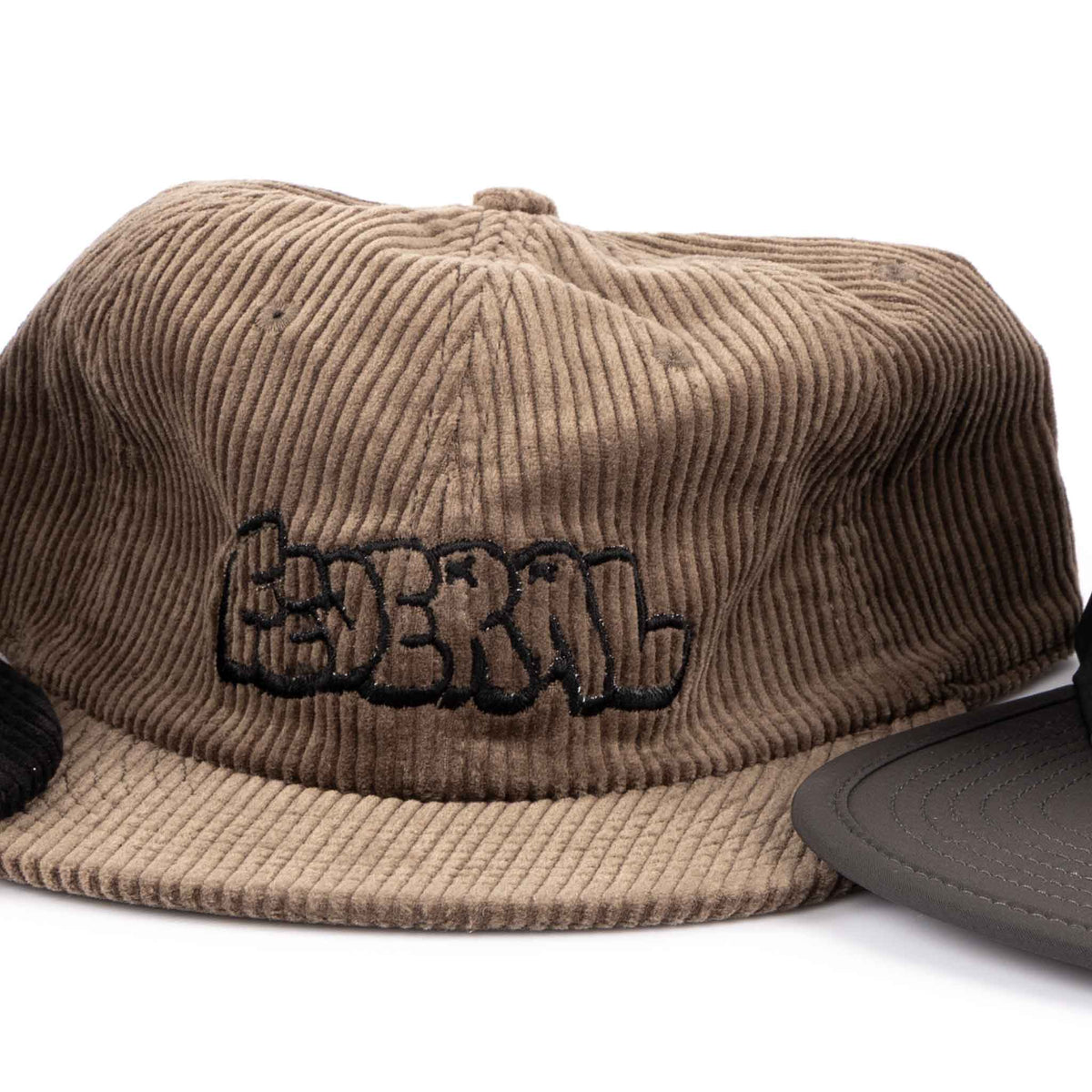 brown cord federal hat with black tagged federal design