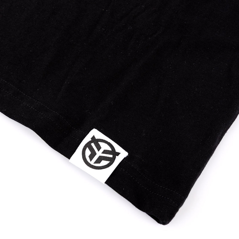 Black t-shirt with a white logo on a white background