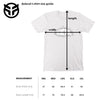 White t-shirt with measurement chart for size guide on a white background