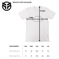 White t-shirt with measurement chart for size guide on a white background