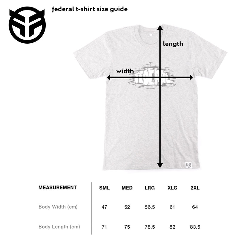 White t-shirt with measurement chart for size guide on a white background