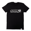 Black t-shirt with white logo on a white background