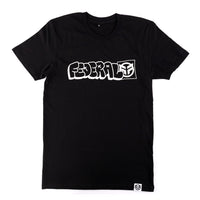 Black t-shirt with white logo on a white background