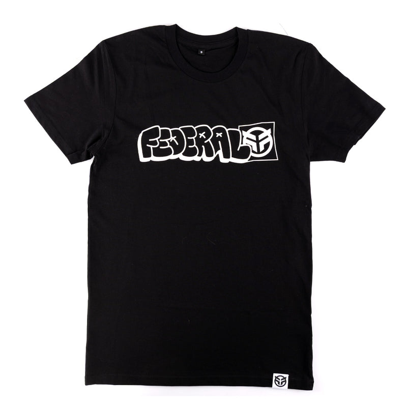 Black t-shirt with white logo on a white background