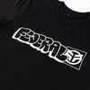 Black t-shirt with white graphic design on a plain background