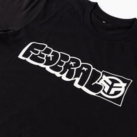 Black t-shirt with white graphic design on a plain background