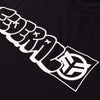 Black t-shirt with white graphic design on a plain background