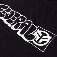 Black t-shirt with white graphic design on a plain background