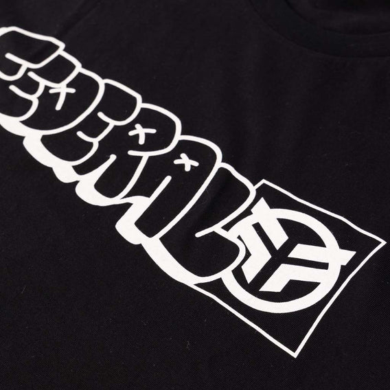 Black t-shirt with white graphic design on a plain background
