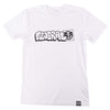 White t-shirt with black and white logo on a white background