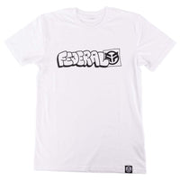 White t-shirt with black and white logo on a white background