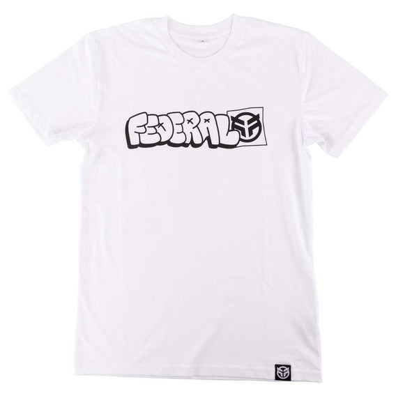 White t-shirt with black and white logo on a white background