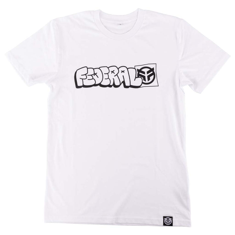 White t-shirt with black and white logo on a white background