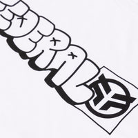 Black and white illustration of a stylized logo with abstract shapes and symbols.