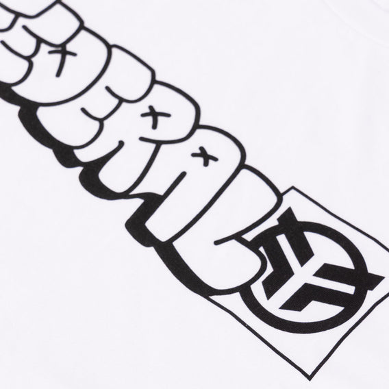 Black and white illustration of a stylized logo with abstract shapes and symbols.